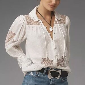 Anthropologie White Eyelet Lace Button-Front Blouse